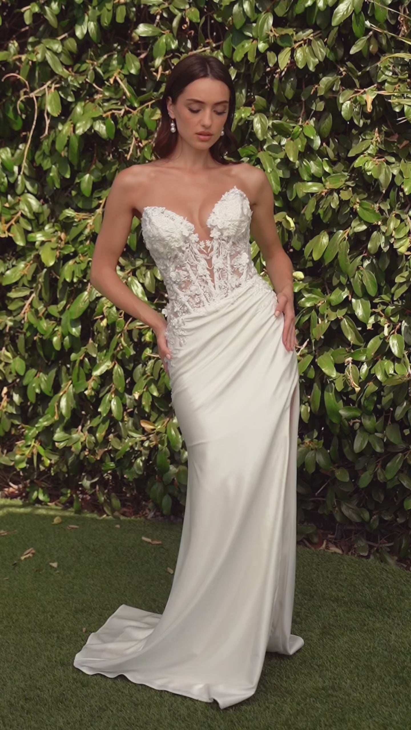 Strapless fitted corset maxi gown with lace and floral detail and side slit