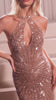 fitted gown featuring a chic halter keyhole neckline and a striking racerback design