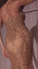 mermaid gown featuring a plunging V-neckline and delicate thin straps adorned with a beaded lace motif