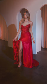 structured corset with lace-up detailing offers impeccable support, while the stretch taffeta skirt flows elegantly with a striking leg slit