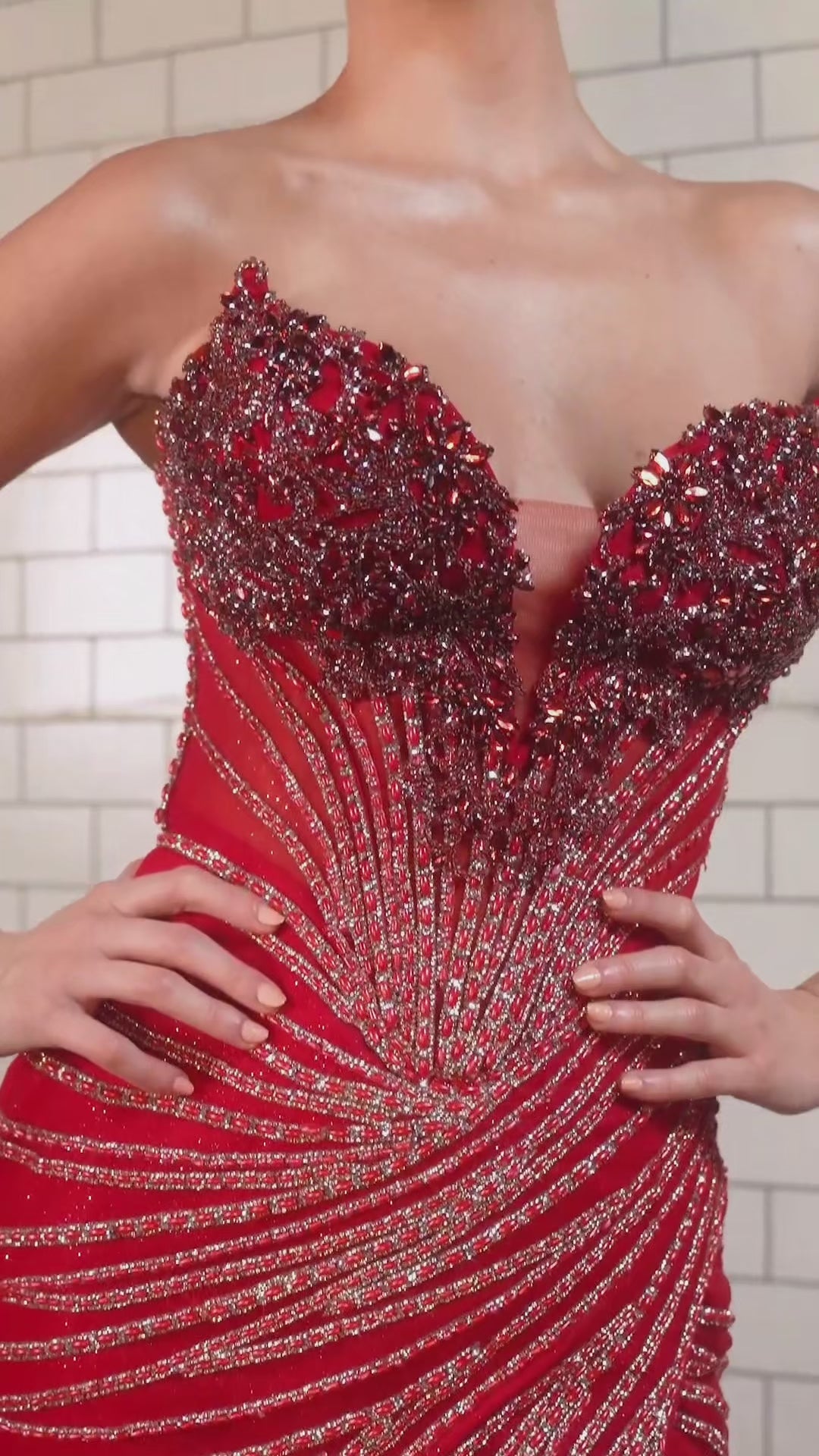 mermaid evening gown, designed with a strapless sweetheart neckline and a shimmering beaded bodice intricately adorned with crystals and sequins