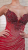 mermaid evening gown, designed with a strapless sweetheart neckline and a shimmering beaded bodice intricately adorned with crystals and sequins