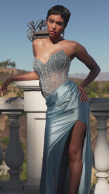 fitted dress features a strapless sweetheart neckline and a stunning beaded corset bodice 