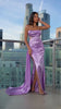 Strapless satin maxi gown with embellished details and tail