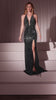 This stunning fitted gown features a deep V halter neckline adorned with dazzling rhinestones