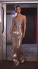 fitted gown showcases a daring deep illusion neckline and intricate crystal beading