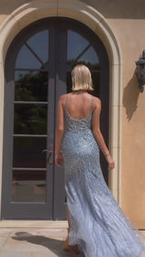 Sequin maxi gown with sewed-in mesh corset detail and side slit