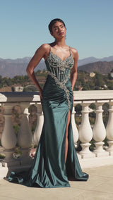 fit-and-flare gown combines a sweetheart neckline and thin straps with a dazzling, body-contouring beaded motif