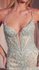mermaid gown featuring a plunging V-neckline and delicate thin straps adorned with a beaded lace motif