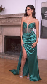 Strapless satin corset maxi gown with embellished detail, side slit, and tail