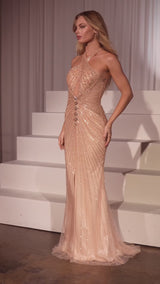  this fitted gown showcases a halter keyhole neckline and is fully adorned with shimmering sequins and beads for a dazzling effect