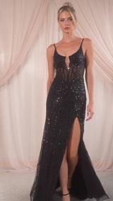 Sequin maxi gown with sewed-in mesh corset detail and side slit