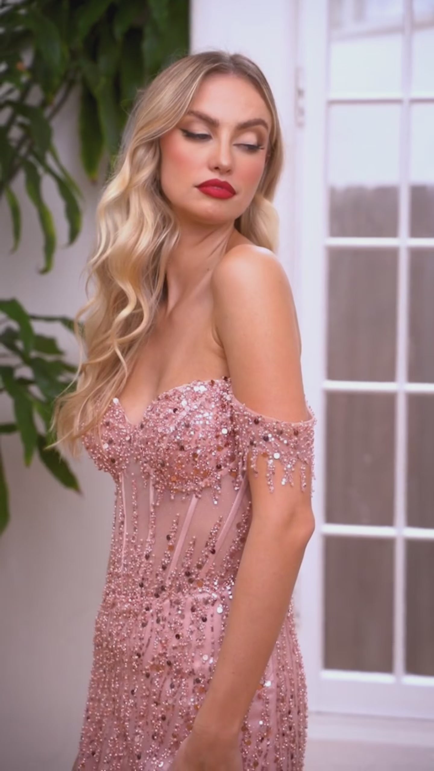 Off the shoulder sequin embellished maxi gown with side slit