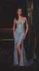 fitted strapless gown, featuring a deep V-neckline and sheer structured bodice adorned with a linear beaded motif