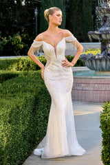 beaded sheath gown with off-the-shoulder fringe sleeves and thin straps