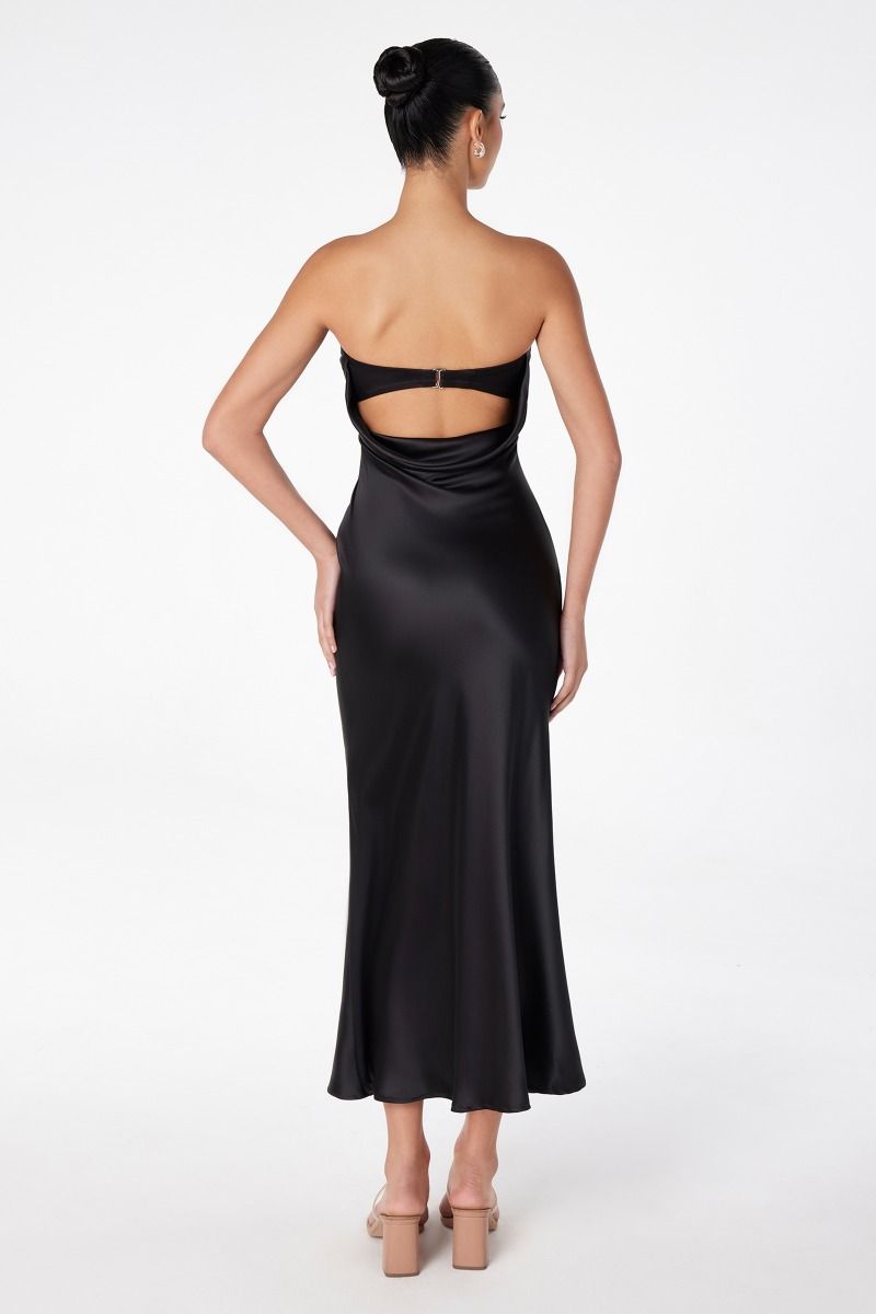 Strapless satin maxi dress with low curtain back and back clasp closure