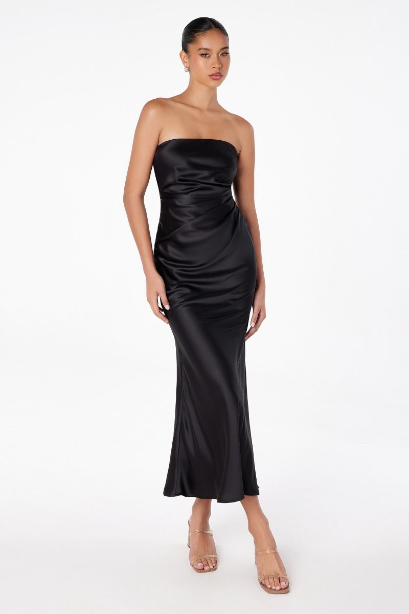 Strapless satin maxi dress with low curtain back and back clasp closure