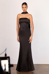 strapless satin maxi gown with neck scarf