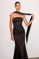 strapless satin maxi gown with neck scarf