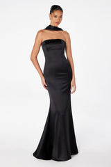 strapless satin maxi gown with neck scarf