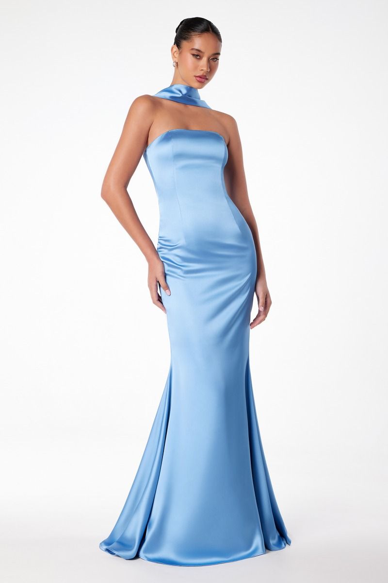 strapless satin maxi gown with neck scarf