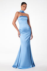 strapless satin maxi gown with neck scarf
