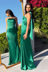 strapless satin maxi gown with neck scarf