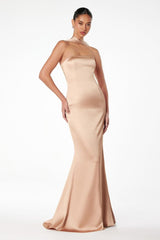 Strapless satin gown with neck scarf