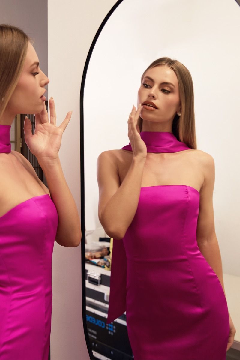 strapless satin maxi gown with neck scarf