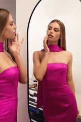 strapless satin maxi gown with neck scarf