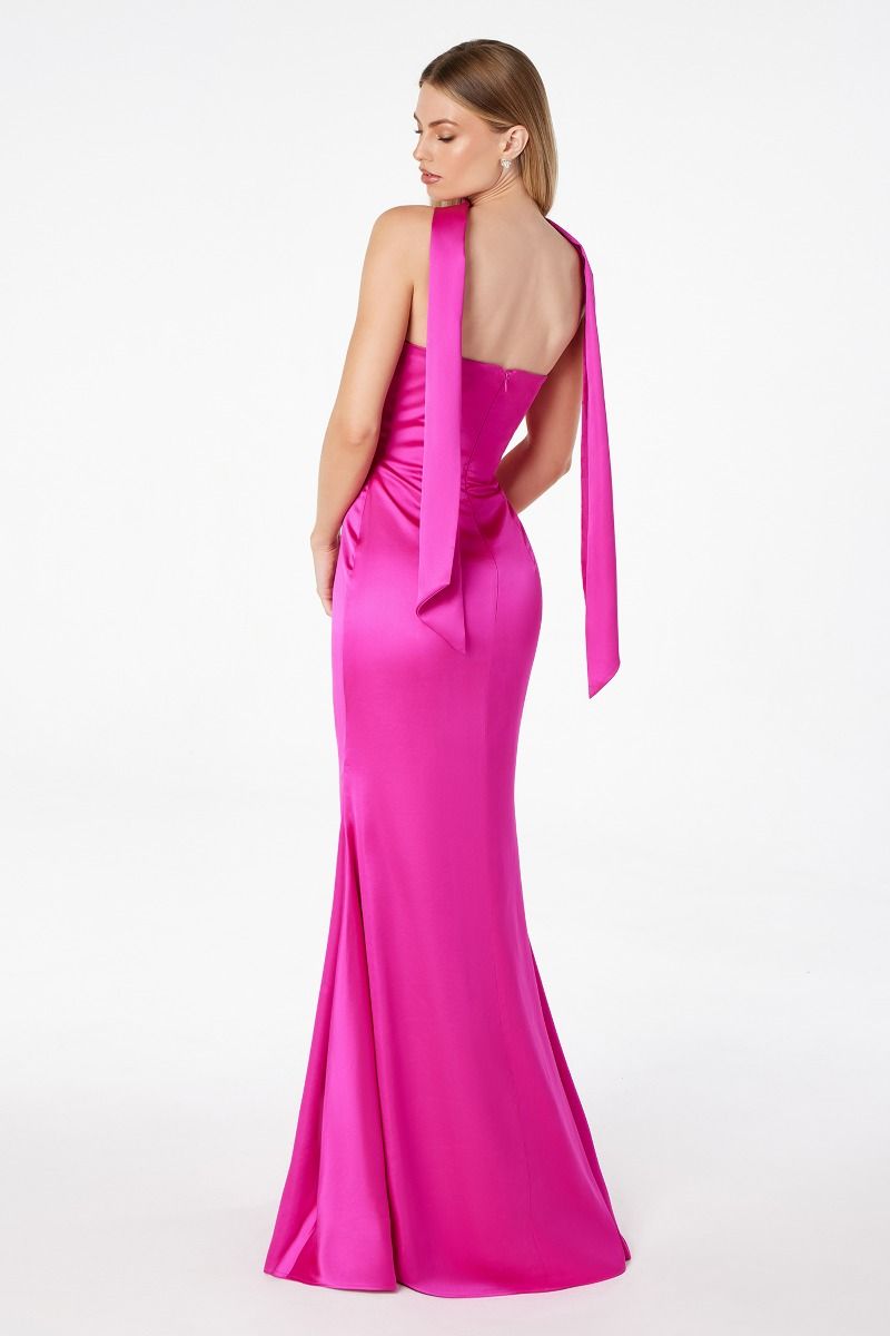 strapless satin maxi gown with neck scarf