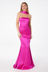 strapless satin maxi gown with neck scarf