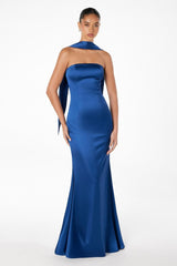 strapless satin maxi gown with neck scarf