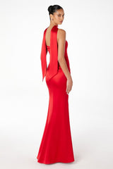 strapless satin maxi gown with scarf