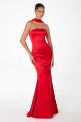 strapless satin maxi gown with scarf