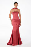 strapless satin maxi gown with neck scarf
