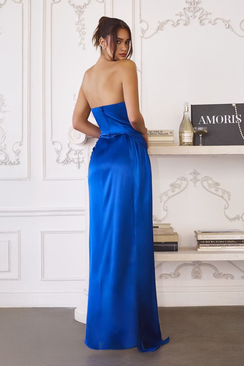 strapless satin gown with a thigh-high slit