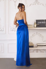 strapless satin gown with a thigh-high slit