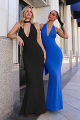 Two women in black and blue evening gowns standing outdoors.