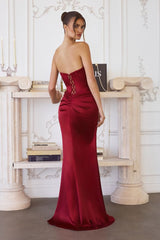 strapless satin gown