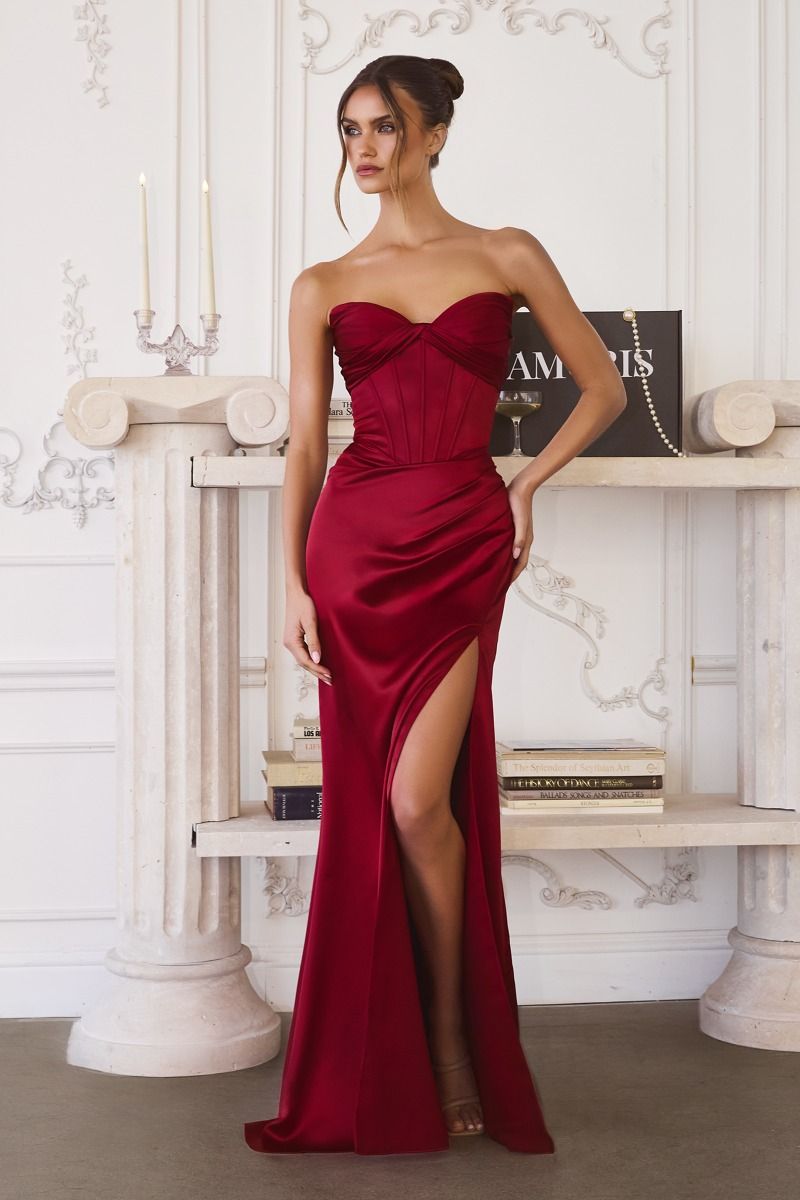 strapless satin gown