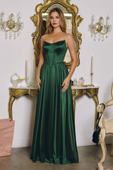 A-line gown features a structured strapless bodice with visible corset seaming and a lace-up back for adjustable support