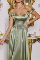 A-line gown features a structured bodice with visible corset seaming and a lace-up back for adjustable support