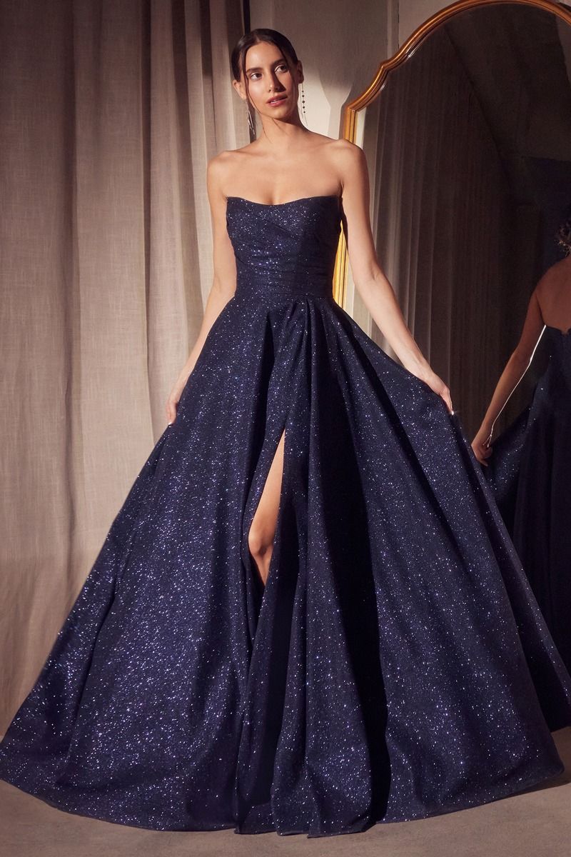 strapless glitter gown with a structured bodice and floor-length A-line skirt featuring a high slit