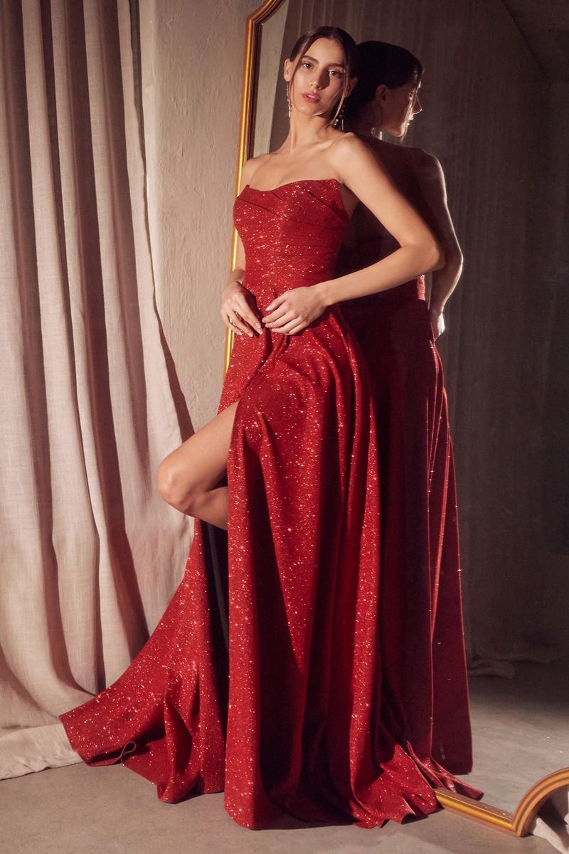 strapless glitter gown with a structured bodice and floor-length A-line skirt featuring a high slit