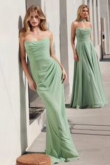 strapless floor-length gown with a fitted silhouette and draped bodice