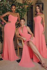 strapless floor-length gown with a fitted silhouette and draped bodice