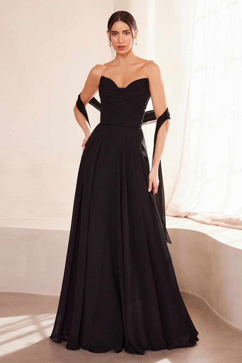 flowing chiffon gown with a strapless sweetheart neckline and ruched bodice