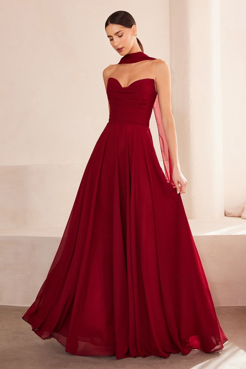 flowing chiffon gown with a strapless sweetheart neckline and ruched bodice