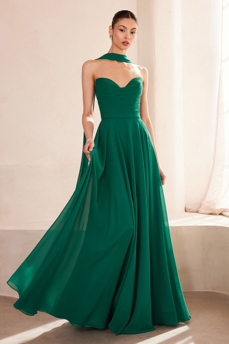 flowing chiffon gown with a strapless sweetheart neckline and ruched bodice